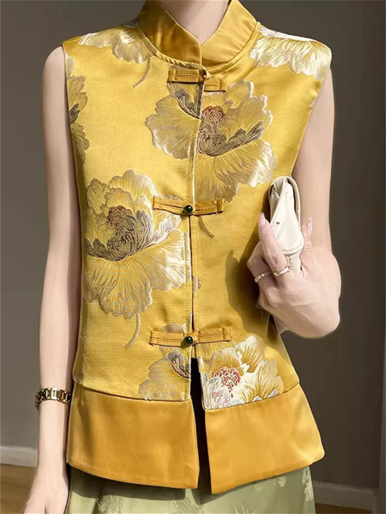 New Chinese Style Satin Embroidered Jacquard Vest with Stand Collar and Frog Buttons