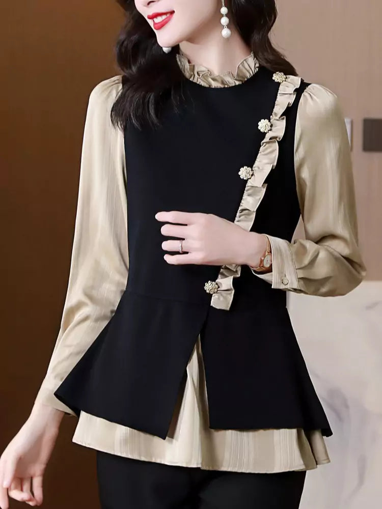 Camisa de dos piezas con cuello alto y volantes estilo francés para mujer.