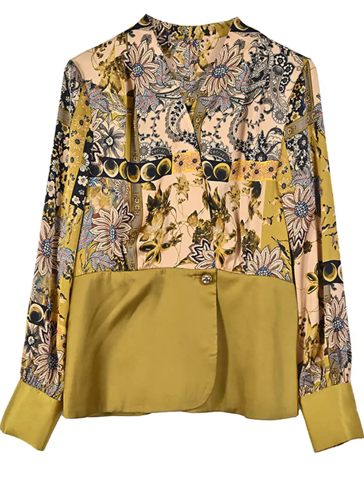 Elegante blusa de satén floral de manga larga con cintura ceñida para mujer con cuello blazer