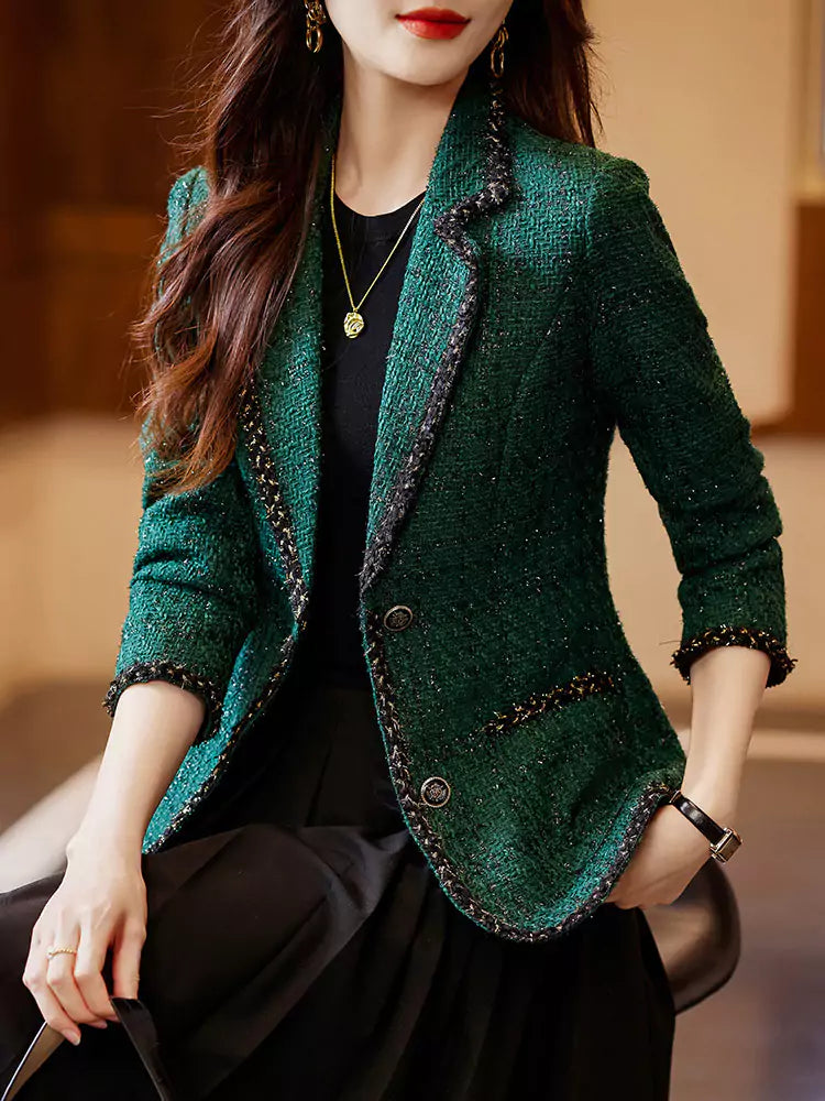 Eleganter schwarzer Tweedblazer für Damen, ideal für zierliche Frauen, Frühling/Herbst