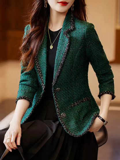Eleganter schwarzer Tweedblazer für Damen, ideal für zierliche Frauen, Frühling/Herbst