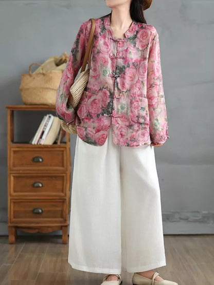Leichte Ramie-Bluse im chinesischen Stil mit Blumenmuster, Stehkragen und Froschknöpfen