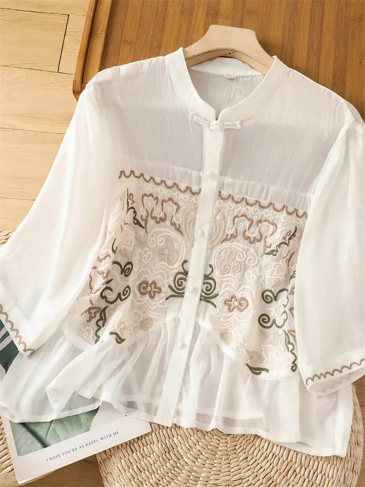 Leichtes, besticktes Ramie-Sommerhemd im chinesischen Stil für Damen