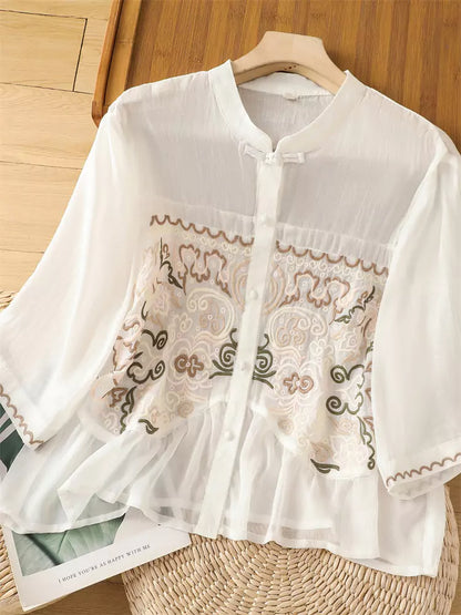 Leichtes, besticktes Ramie-Sommerhemd im chinesischen Stil für Damen