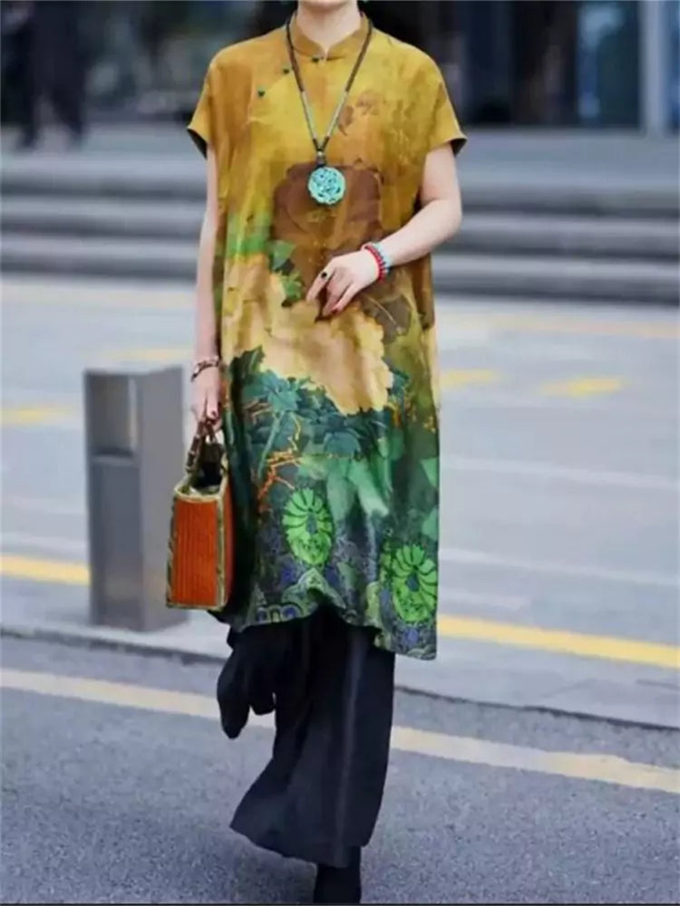 Luxuriöses, locker sitzendes Midikleid aus Maulbeerseide in großen Größen mit Blumenmuster