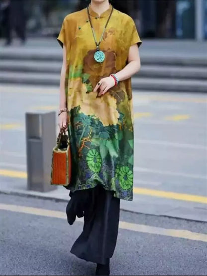 Luxuriöses, locker sitzendes Midikleid aus Maulbeerseide in großen Größen mit Blumenmuster