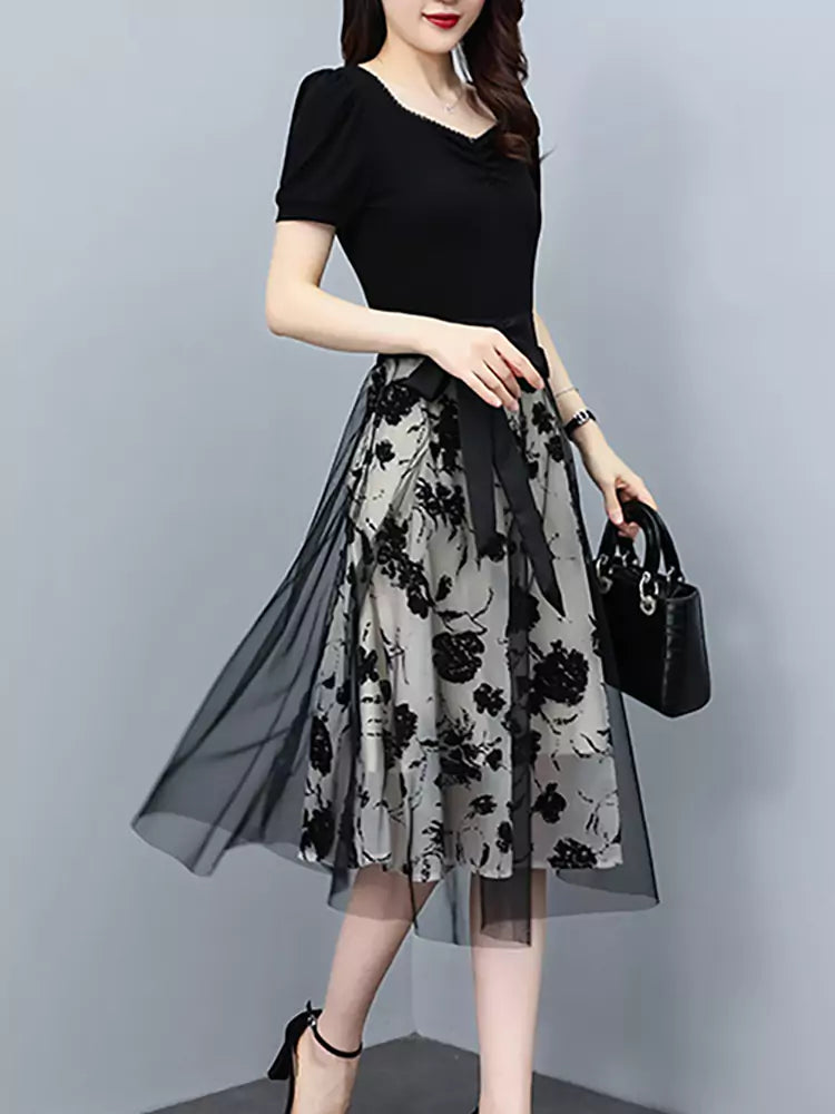 French Style Summer Floral Tie Waist Tulle Midi Dress