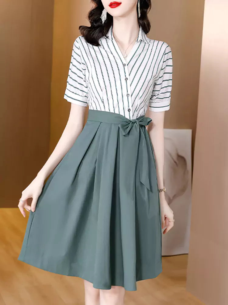 Stylish High-End Fake Two-Piece Midi Dress with Waist Slimming Design