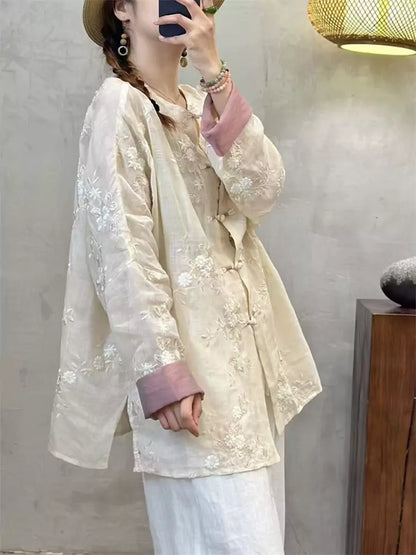 Vintage-Hemd im chinesischen Stil aus Ramie mit Stickerei und Froschknöpfen für Damen