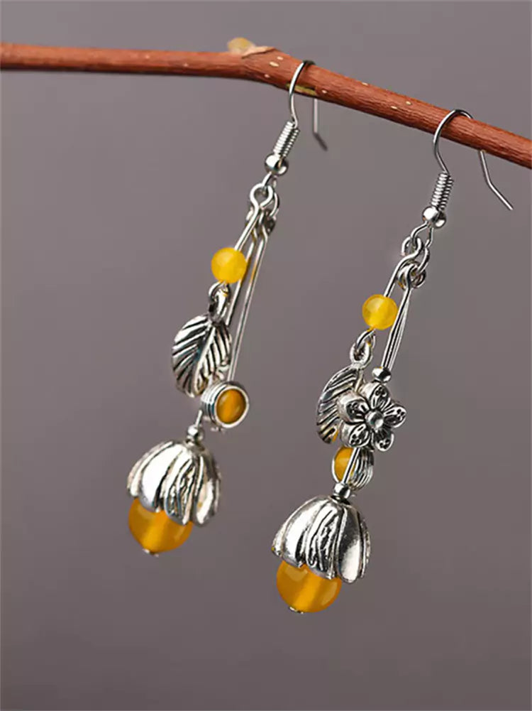 Pendientes largos colgantes de ágata amarilla de plata tibetana estilo palacio étnico