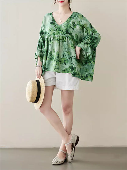 Sommerbluse für Damen aus Leinen mit V-Ausschnitt, Puppenkragen und langen Ärmeln, locker geschnitten, lässig und locker geschnitten
