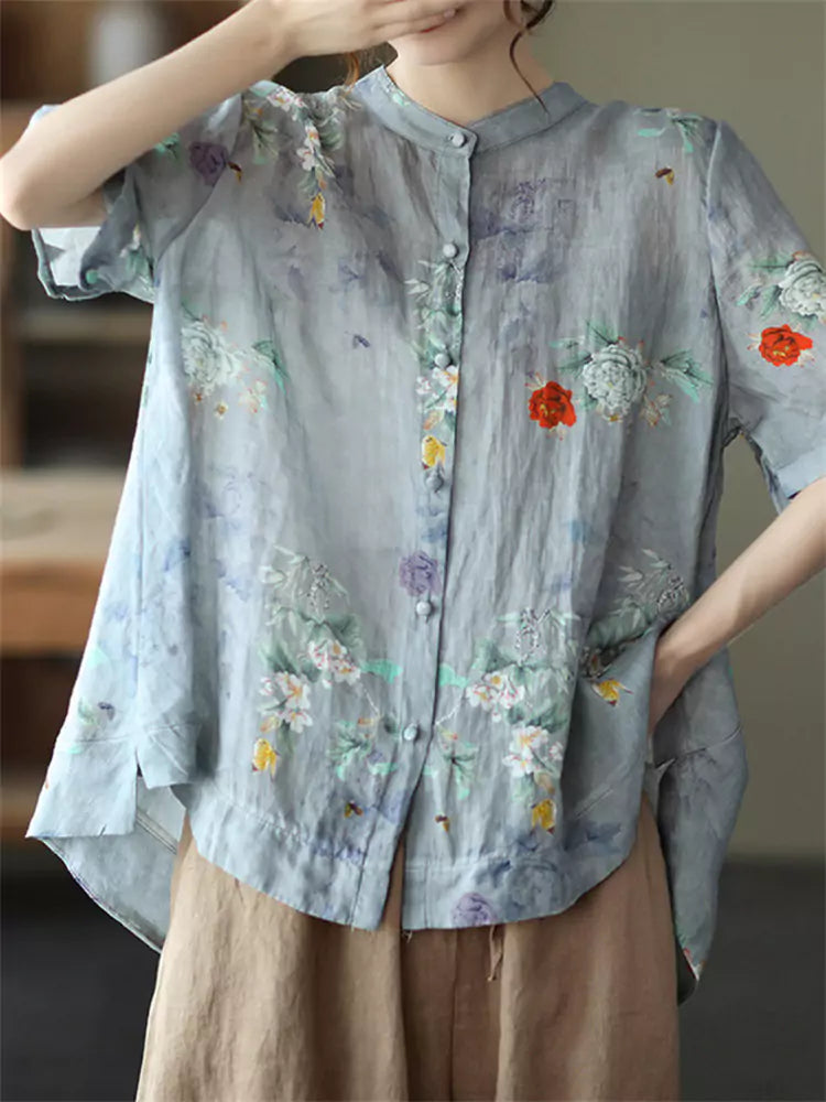 Plus Size Summer Vintage Floral Cotton Linen Blouse for Women Short Sleeve