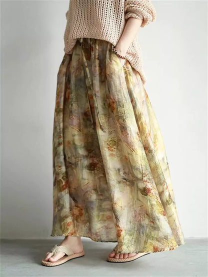 Vintage-Maxirock mit künstlerischem Ölgemälde-Print und fließender A-Linien-Silhouette