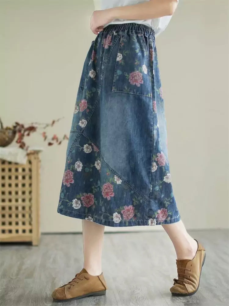 Vintage Loose Casual Printed Patchwork Midi Denim Skirt Elastic Waist