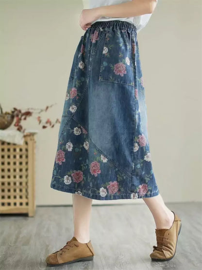 Vintage, lockerer, lässiger Midi-Jeansrock mit Patchwork-Print und elastischem Bund