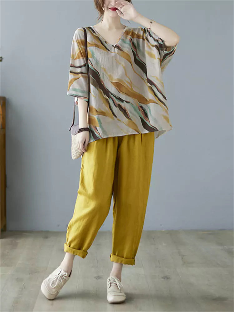 Vintage Floral Print V-Neck Loose Fit Cotton Linen Blouse for Women