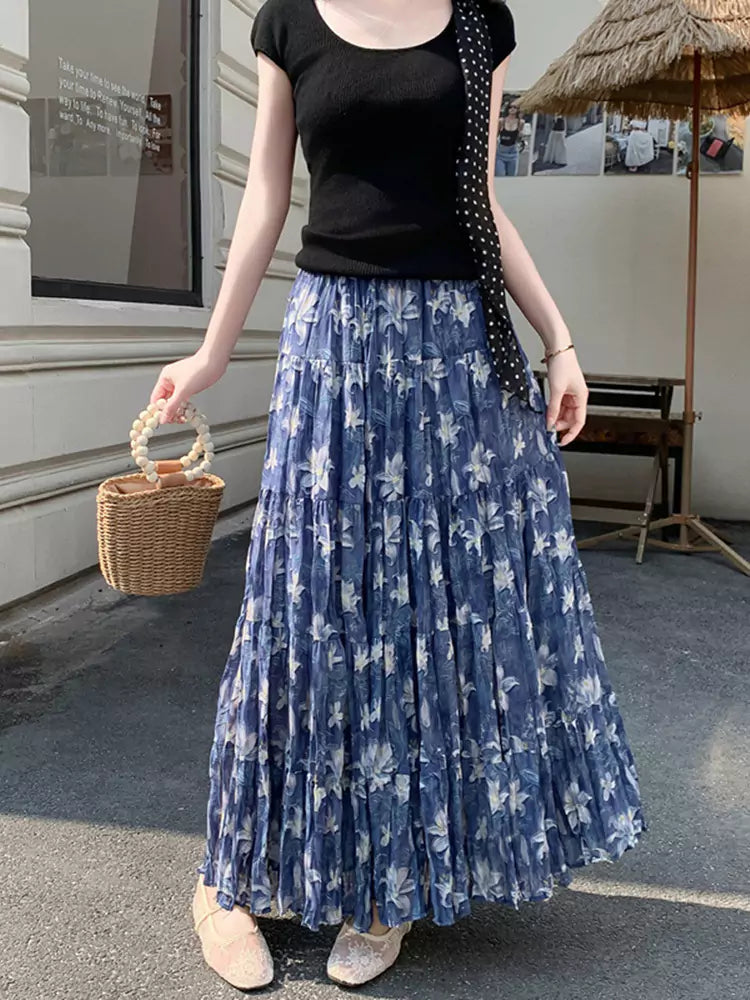 Elegant Pleated Floral Print  A-Line Skirt with Flowing Drape