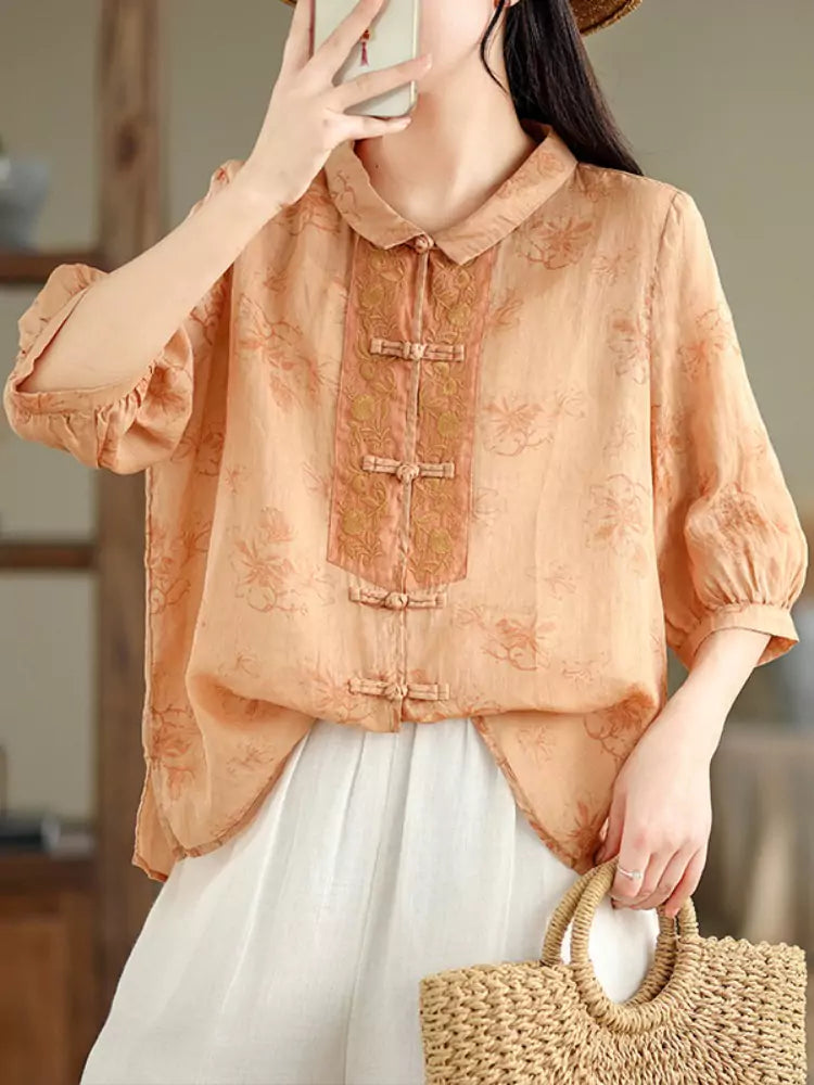 New Chinese Style Embroidered Ramie Blouse for Women Frog Button with Stylish Half Sleeves