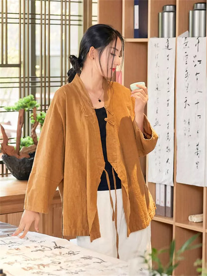 Vintage-Bluse aus gewaschenem Leinen-Baumwoll-Mischgewebe im chinesischen Stil mit Stehkragen für Damen