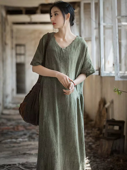 Neues handgefärbtes Maxikleid aus Ramie im chinesischen Stil mit V-Ausschnitt für Damen
