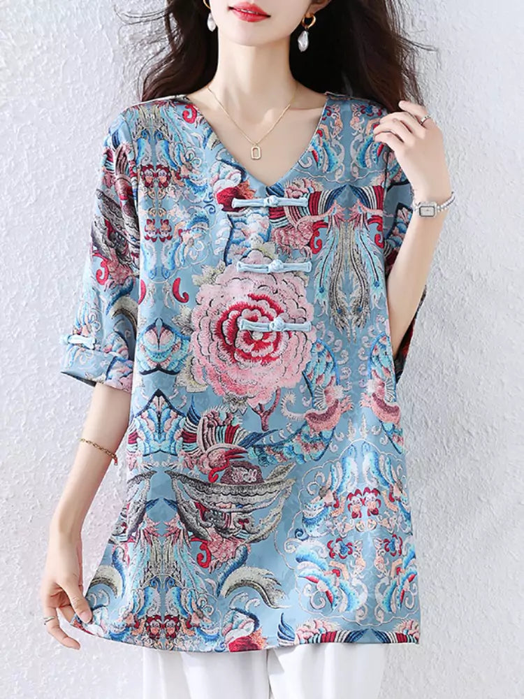 Oriental Elegant Half Sleeve Floral Printed Blouse for Women with Frog Buttons