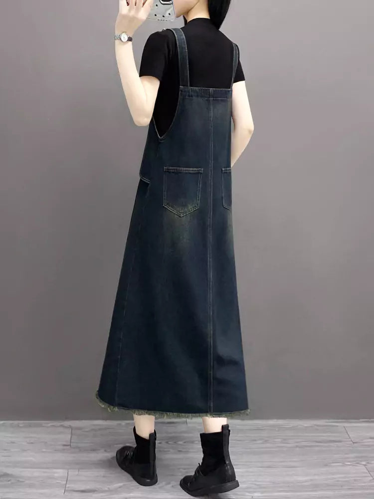 Front Slit Loose Fit Denim Overall Dress for Women with Raw Hem Trendy Style