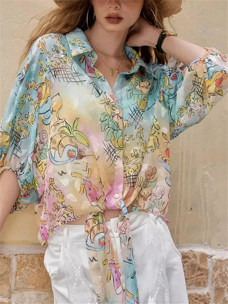 All-Over Print Tie-Up Long Sleeve Vacation Style Beach Blouse for Women