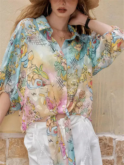 Langarmbluse mit Allover-Print, Bindebändern und Urlaubsmotiv im Strandstil für Damen