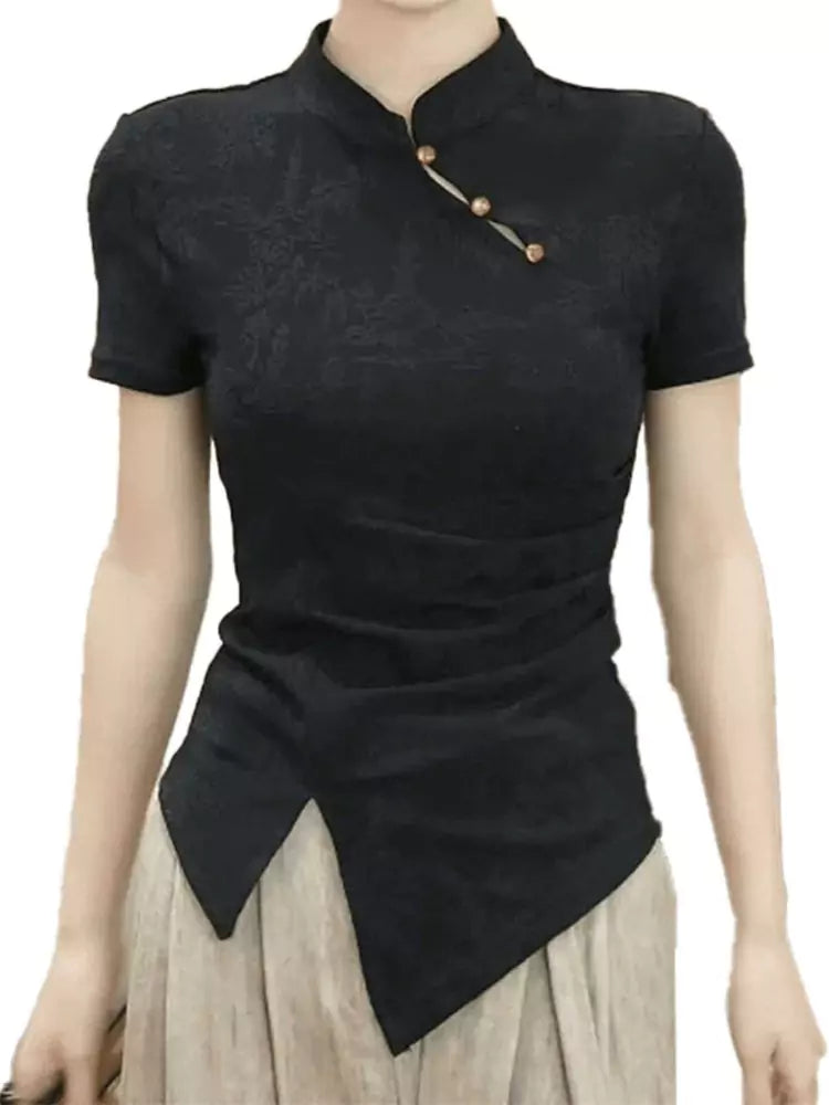 Plus Size Vintage Stand Collar Short Sleeve Irregular Split Hem Blouse