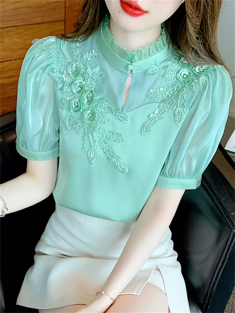 Summer Puff Sleeve 3D Flower Chiffon Blouse for Women