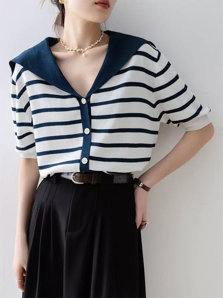 Top de punto de seda hielo a rayas azules con cuello marinero para mujer