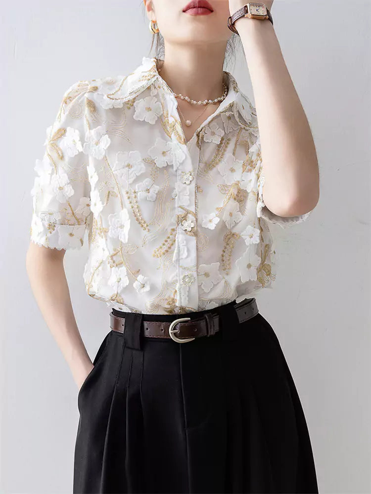 Women's Summer Elegant Floral Embroidered Blouse Short Sleeve