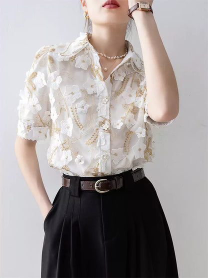 Elegante Damenbluse mit Blumenstickerei, kurzärmelig, Sommer