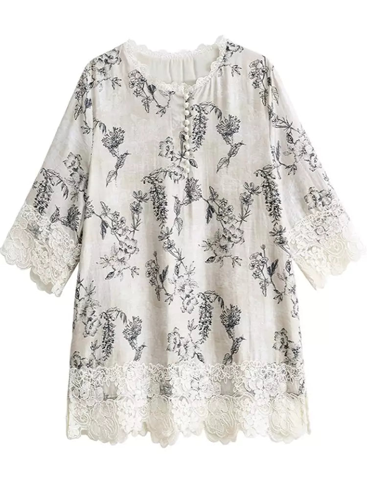 Fashion Printed Lace Patchwork Loose Fit Shirt for Women Plus Size