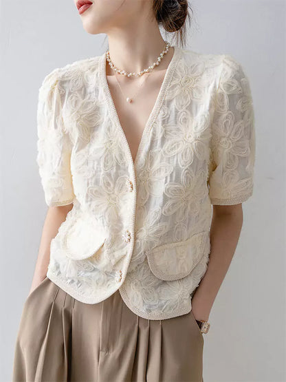 Aprikosenfarbenes Kurzarmhemd im französischen Stil mit V-Ausschnitt und Puffärmeln für Damen