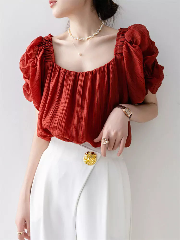 French Style Red Square Neck Chiffon Short Sleeve Shirt for Women