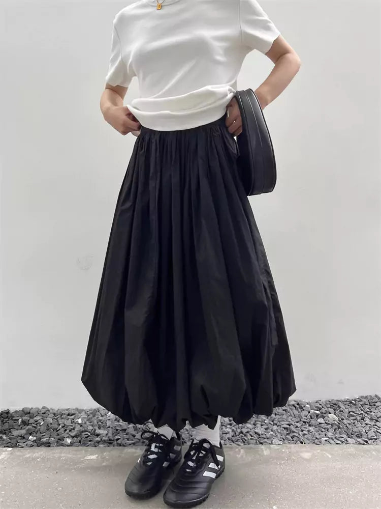 Japanese Style Black Pleated Puff A-Line Midi Skirt for Women