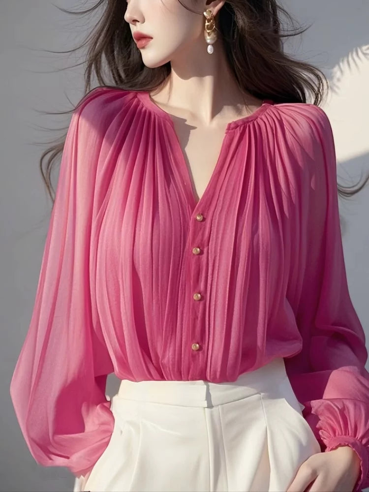French Style Fuchsia Pink V-neck Chiffon Shirt for Women