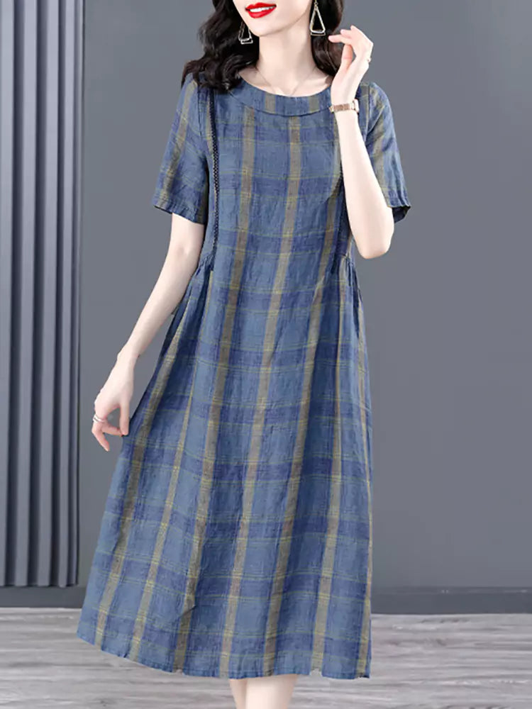 Elegant Plus Size Plaid Short Sleeve Midi Dress for Women