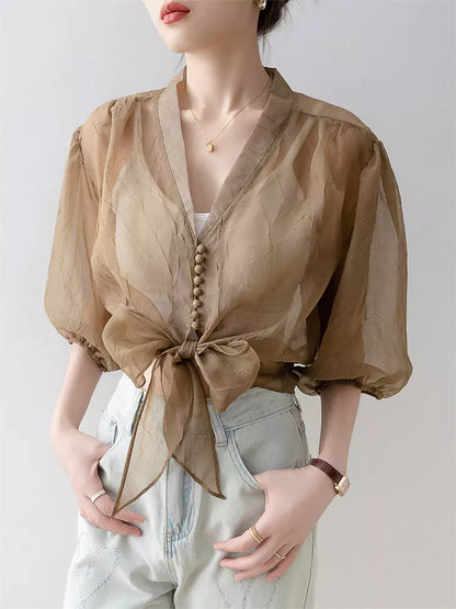 Leichte, sonnenschützende Chiffonbluse mit V-Ausschnitt und Laternenärmeln für Damen