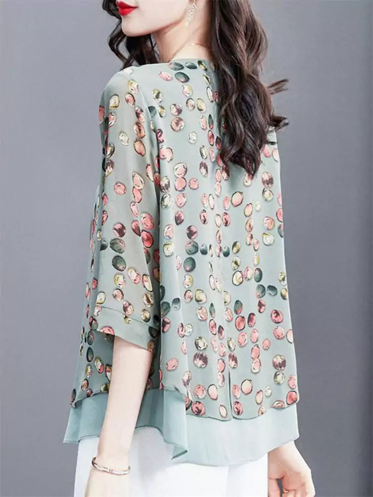 Trendy Plus Size Printed Short Sleeve Chiffon Blouse for Women