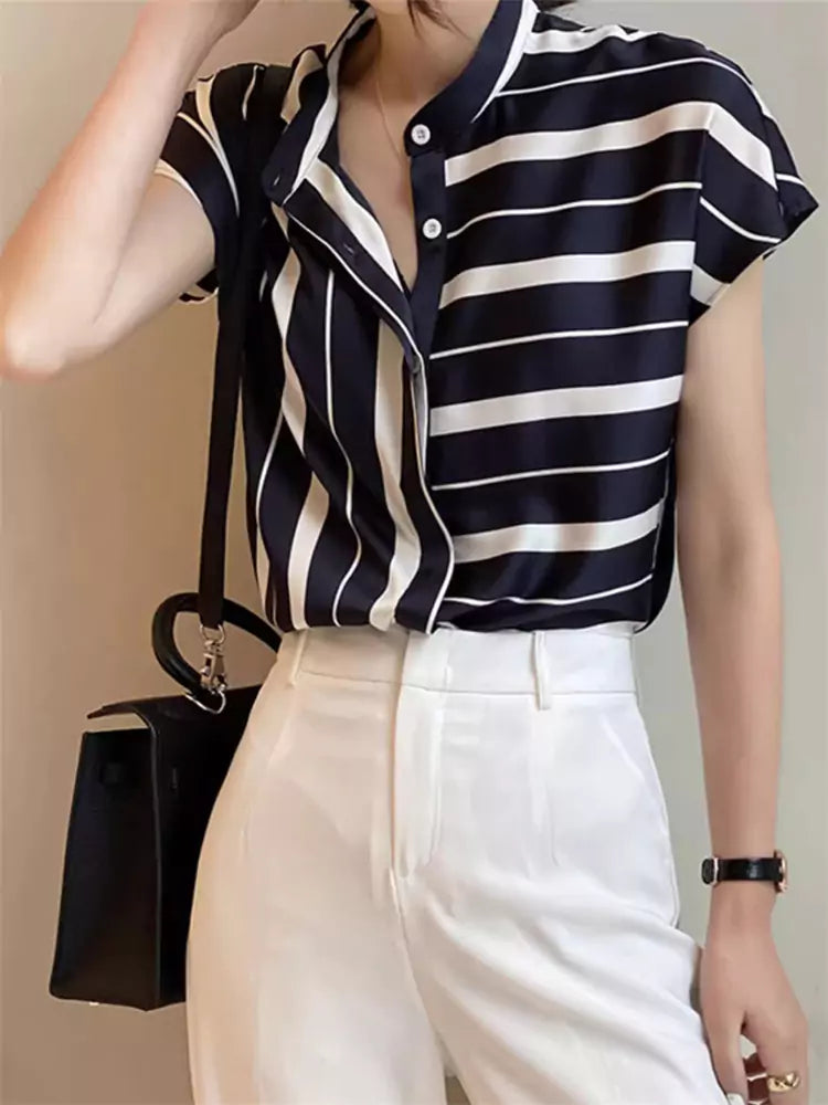 French Style Striped Chiffon Short Sleeve Stand Collar Blouse for Women