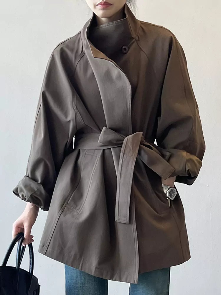Vintage British Style Stand Collar Trench Coat for Women