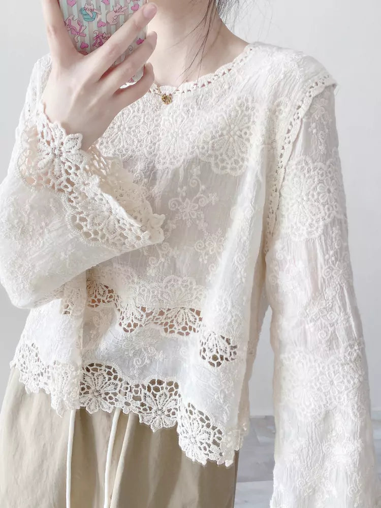 Jacquard-besticktes, weißes Baumwollspitzen-Pullover-Top mit Lochstickerei für Damen