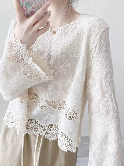 Jersey de algodón blanco con encaje y bordado jacquard calado para mujer