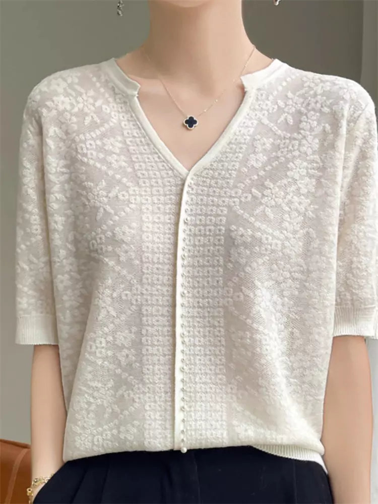 Elegant Beige V-Neck Beaded Pullover Blouse for Women