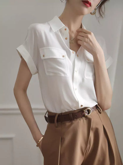 French Style Vintage White Short Sleeve Shirt for Women
