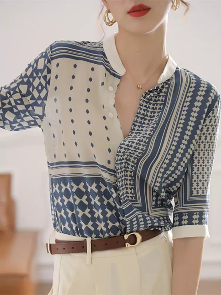 French Style Blue Stand Collar Chiffon Blouse with Vintage Print for Women Short Sleeve