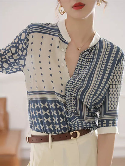 French Style Blue Stand Collar Chiffon Blouse with Vintage Print for Women Short Sleeve