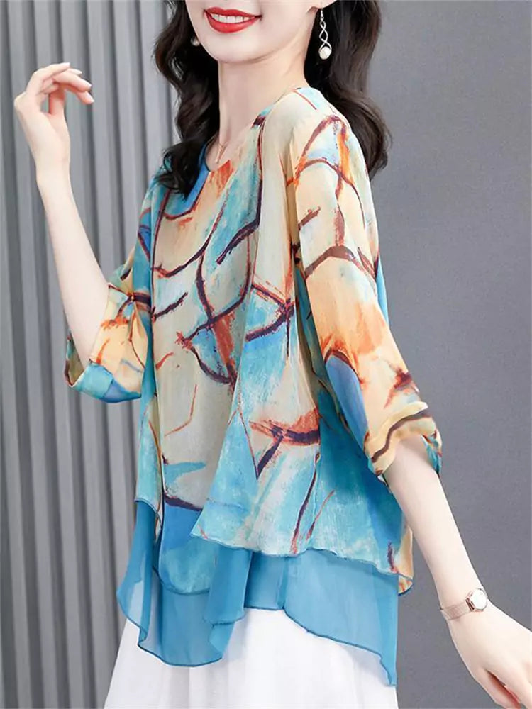 Elegant Plus Size Chiffon Printed Blouse with 3/4 Sleeves for Women